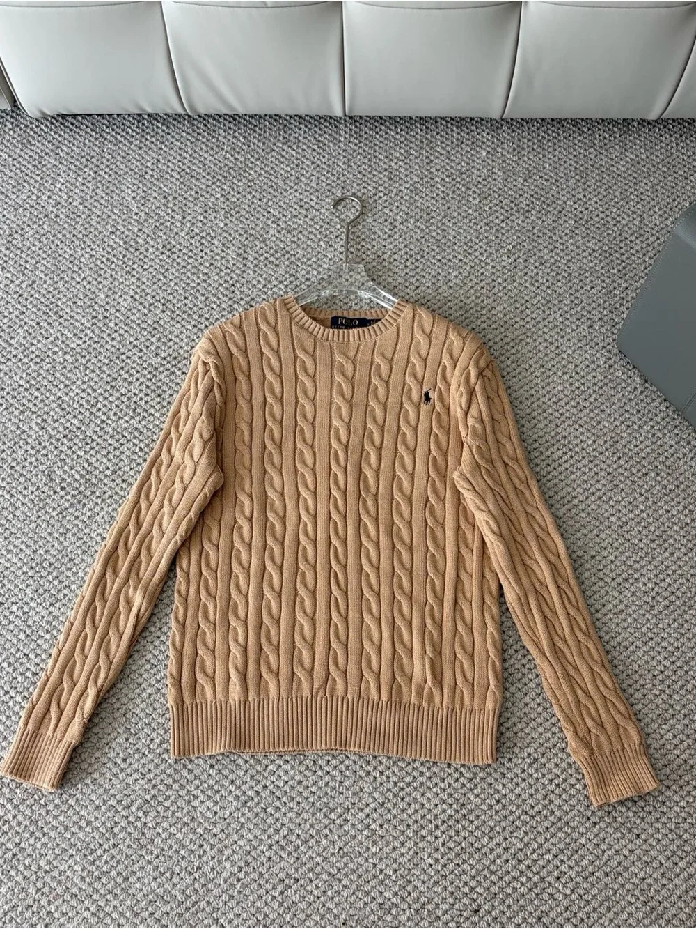 Polo by Ralph Lauren Cable Knit Crewneck Sweater in Camel